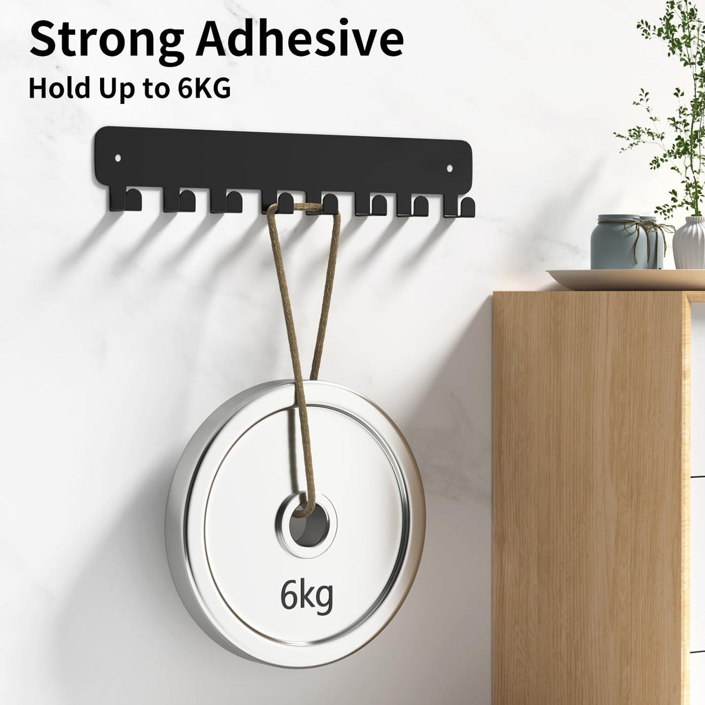 8 Hook Metal Key Rack Black Self-Adhesive or Screw Mount for Kitchen Office Hallway