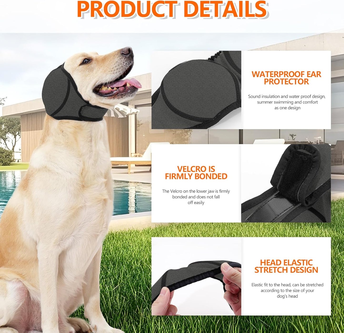 Dog Ear Covers Grey L-Shaped Soundproof No Cap Elastic Waterproof for Hematomas Bathing Drying Swimming Grooming Head Coverage