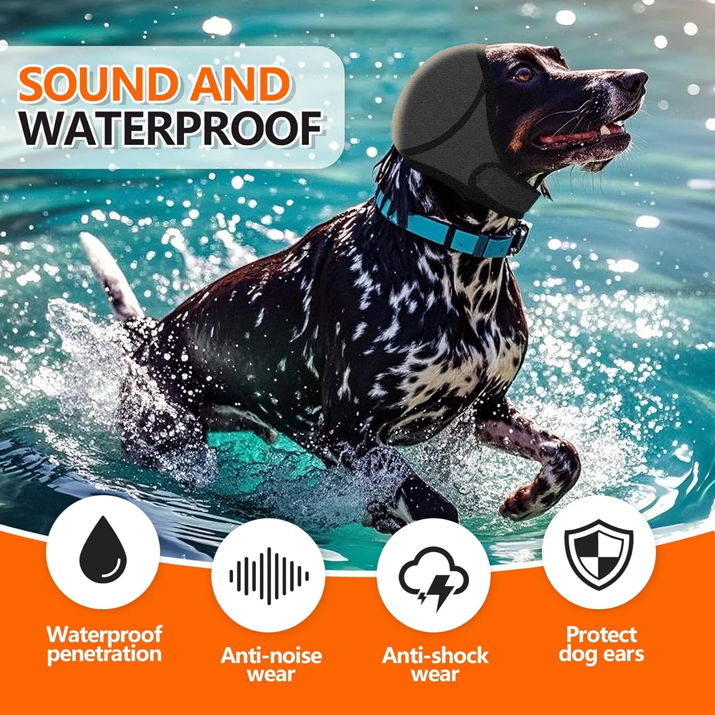 Dog Ear Covers Grey L-Shaped Soundproof No Cap Elastic Waterproof for Hematomas Bathing Drying Swimming Grooming Head Coverage