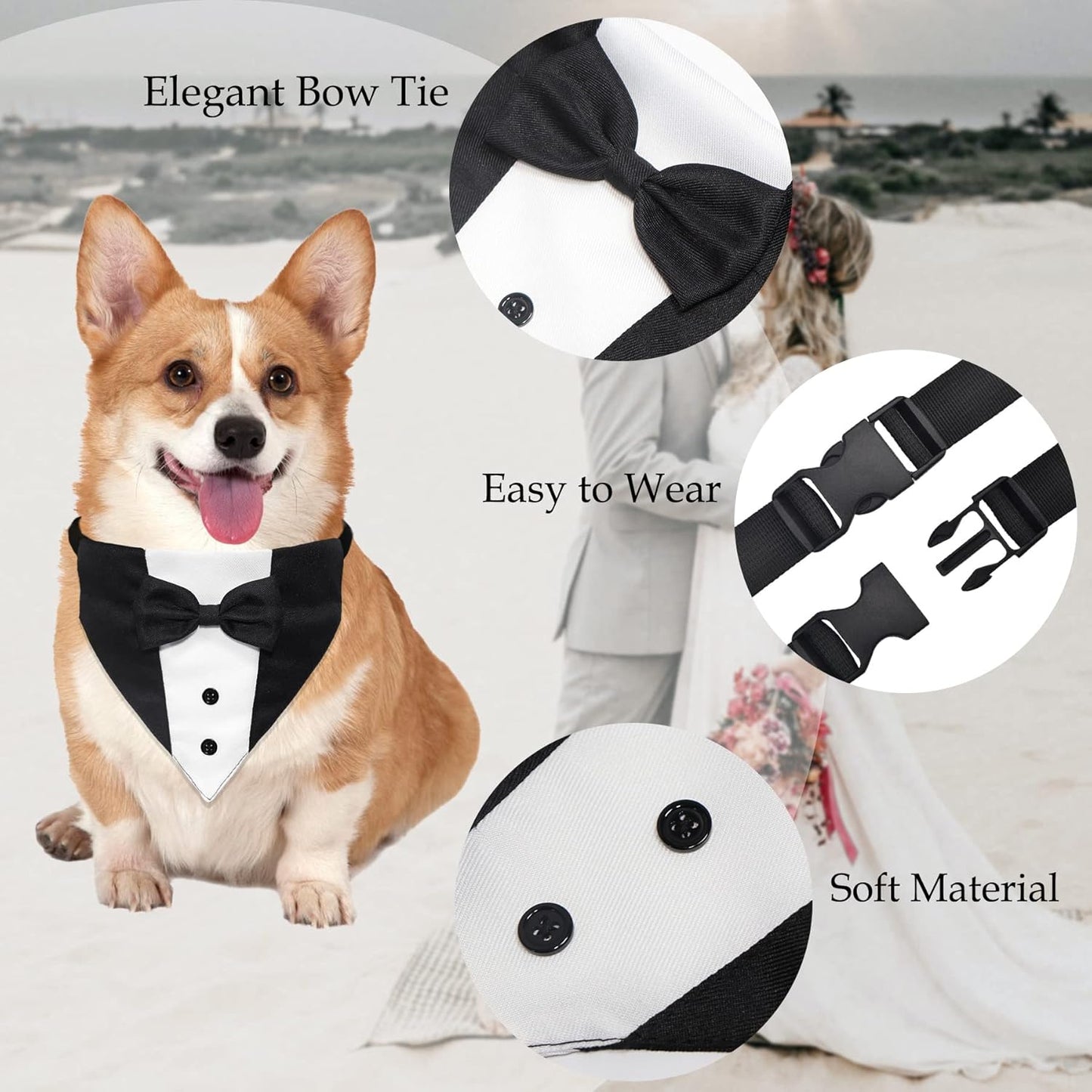 Formal Dog Smoking Set Collar Neckband Adjustable 12.5-21 Inch Black Formal Dog Dress for Wedding Engagement Birthday Fits Small Medium Large Dogs and Other Pets