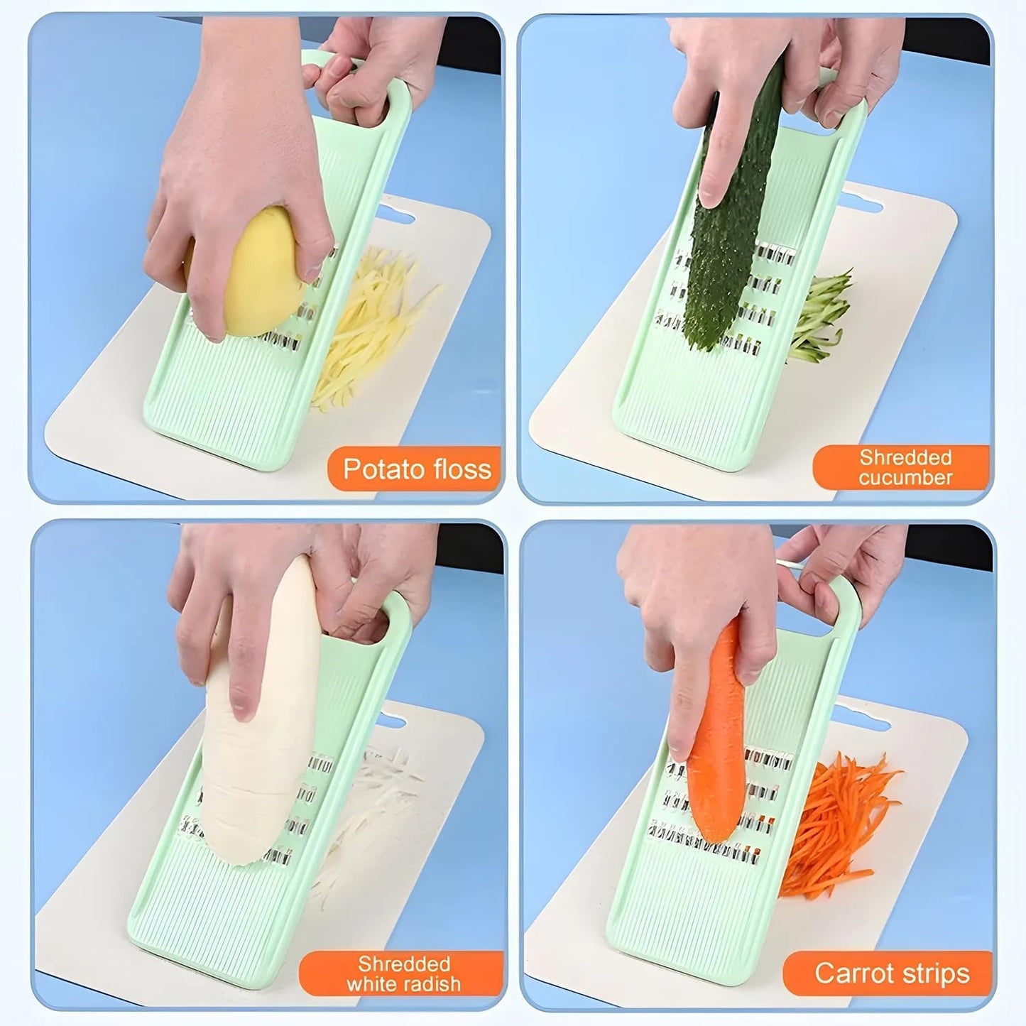 Green Multifunctional Stainless Steel Vegetable Julienne Grater with Anti-Slip Ergonomic Handle for Shredding Slicing Zesting Cheese Citrus