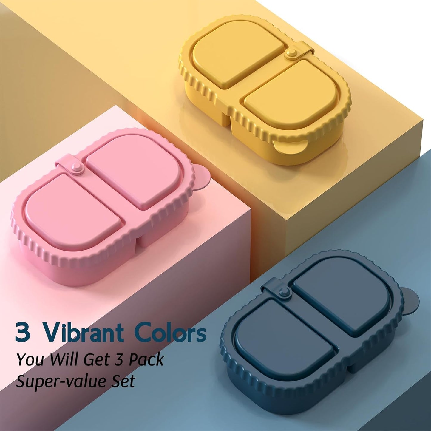 3 Pack Silicone Lunch Boxes Reusable with Lids Mini Double Compartment Portable Food Storage Containers for Picnic School Office