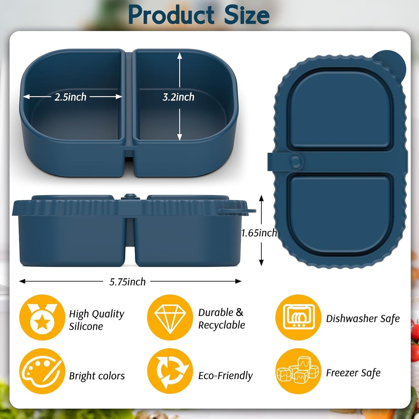 3 Pack Silicone Lunch Boxes Reusable with Lids Mini Double Compartment Portable Food Storage Containers for Picnic School Office