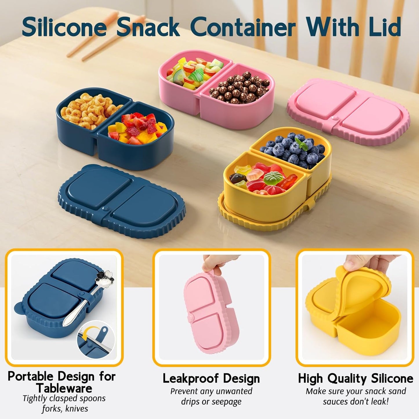 3 Pack Silicone Lunch Boxes Reusable with Lids Mini Double Compartment Portable Food Storage Containers for Picnic School Office