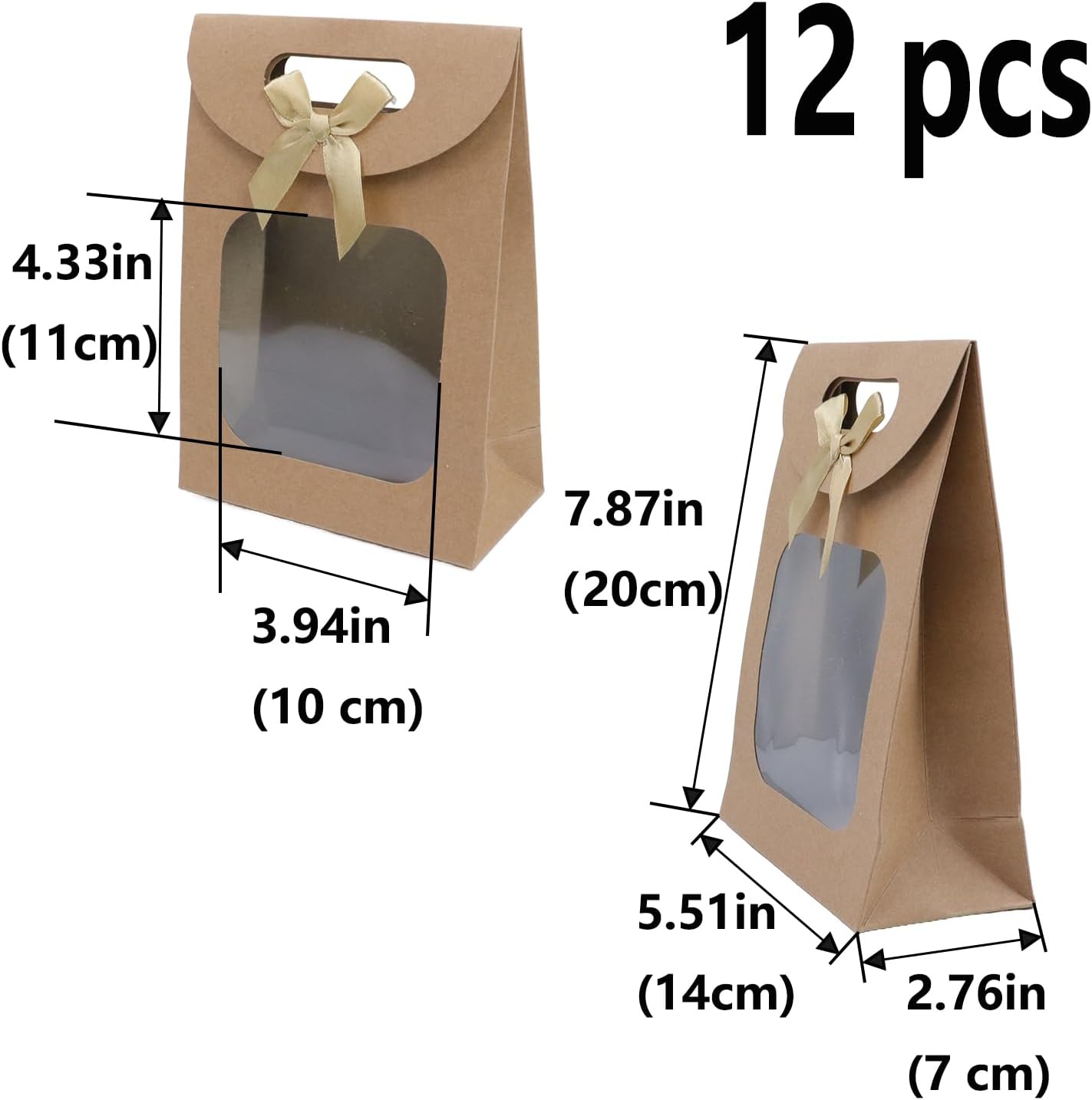 Brown Kraft Paper Gift Bags with Window and Handles 12 Pack Stand Up for Candy Cookies Weddings Parties