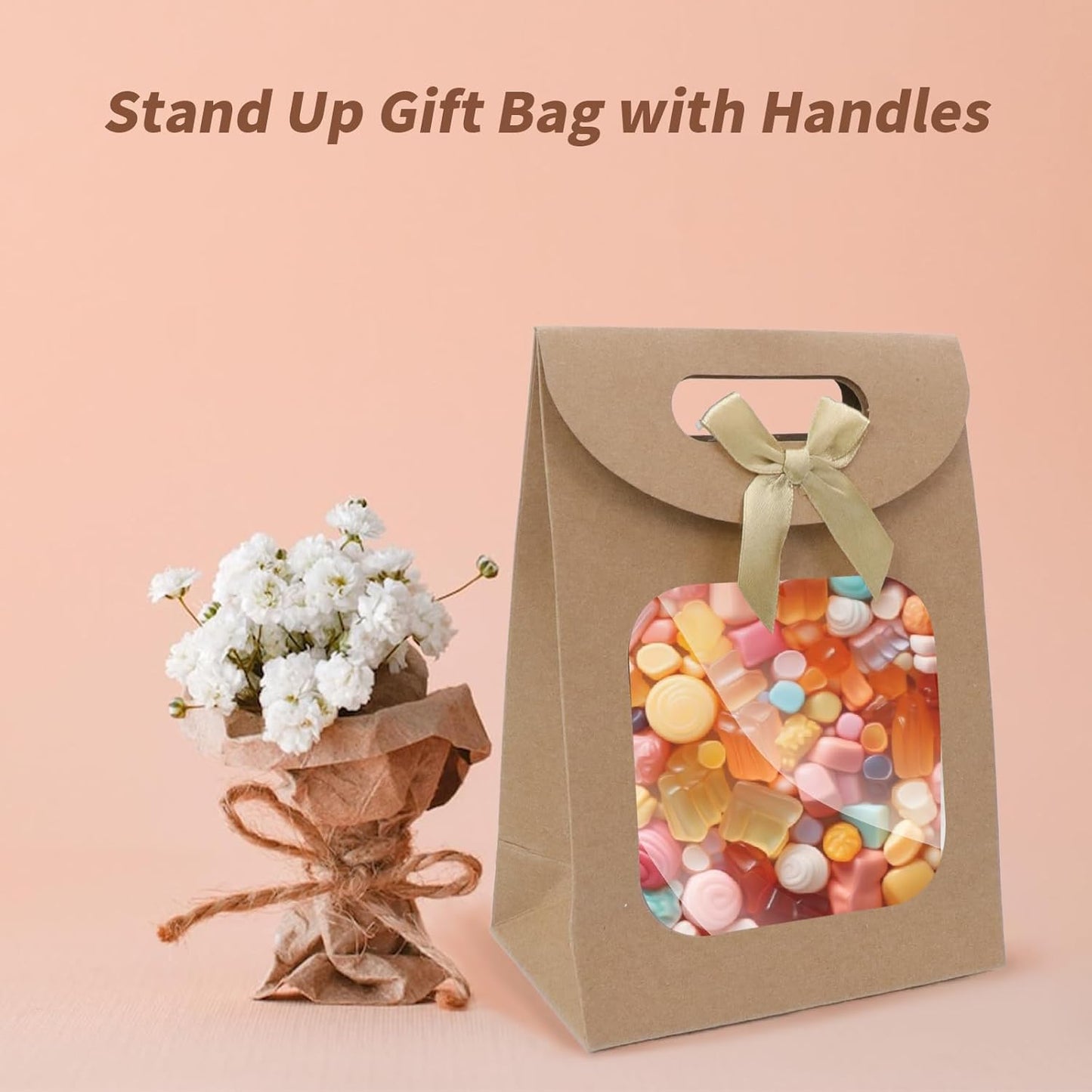 Brown Kraft Paper Gift Bags with Window and Handles 12 Pack Stand Up for Candy Cookies Weddings Parties