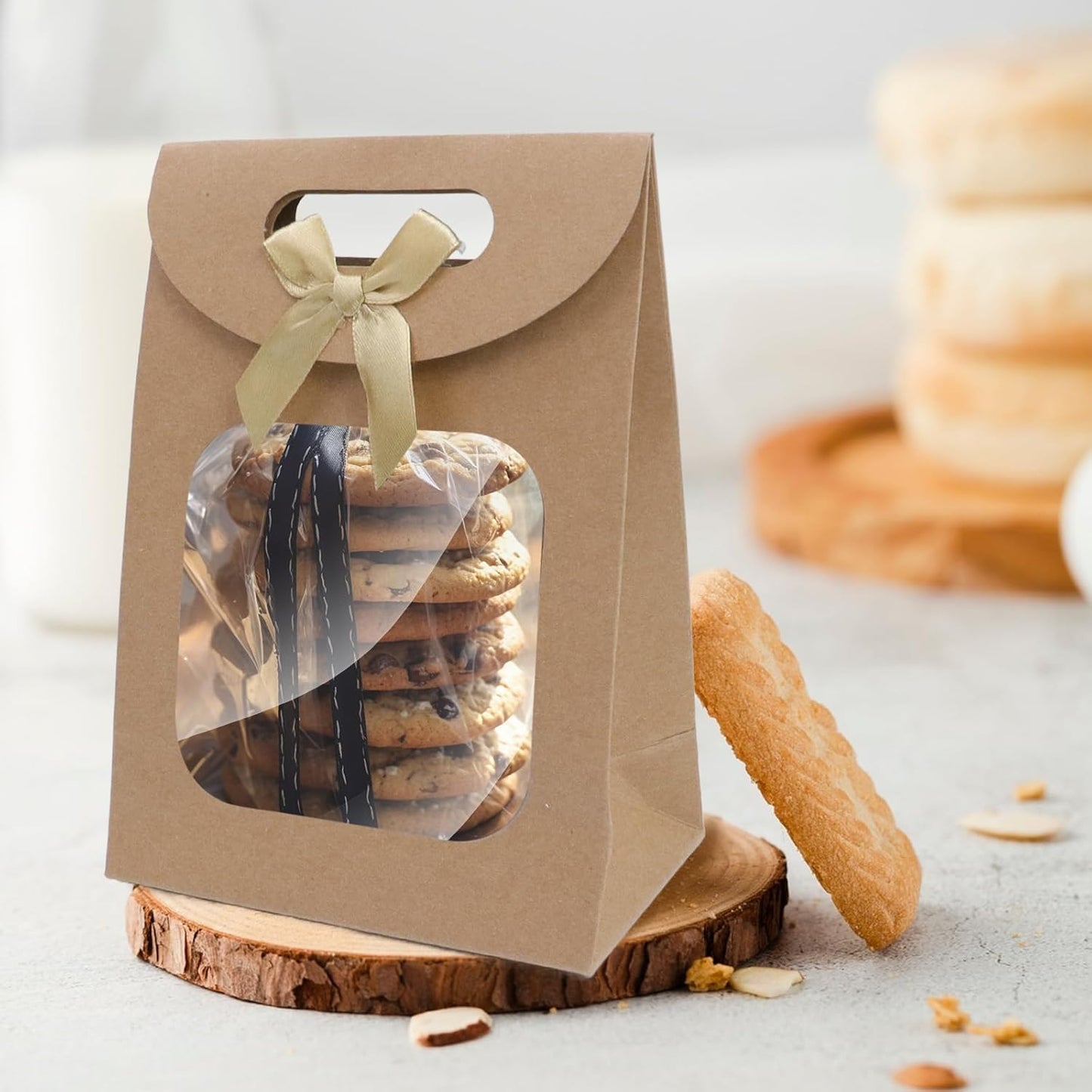 Brown Kraft Paper Gift Bags with Window and Handles 12 Pack Stand Up for Candy Cookies Weddings Parties