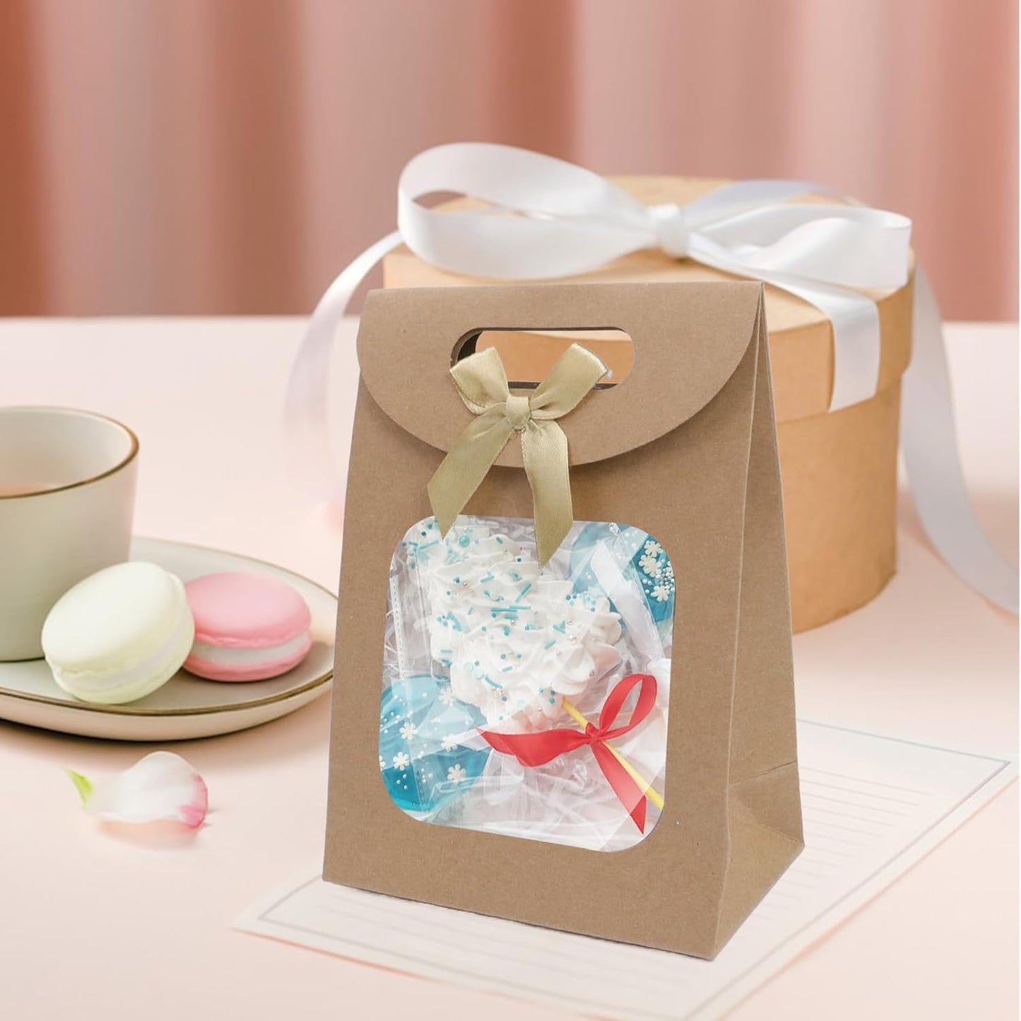 Brown Kraft Paper Gift Bags with Window and Handles 12 Pack Stand Up for Candy Cookies Weddings Parties