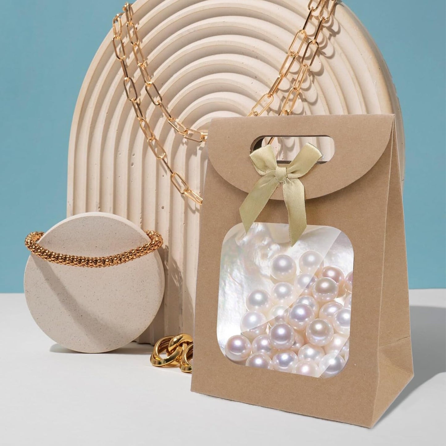 Brown Kraft Paper Gift Bags with Window and Handles 12 Pack Stand Up for Candy Cookies Weddings Parties