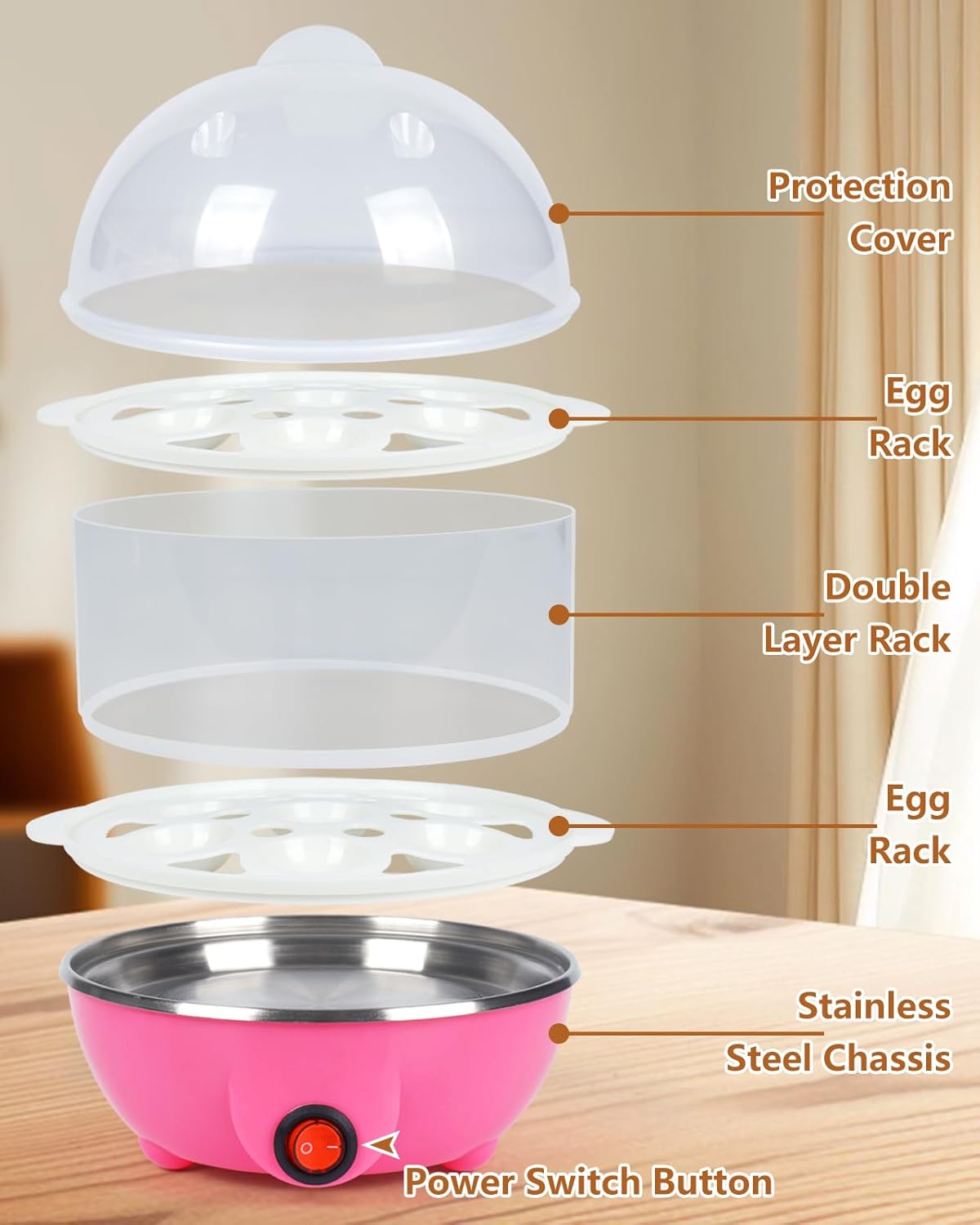 Electric Egg Cooker Steamer with Timer Auto Shut-Off 14 Egg Capacity 350W Double Layer Multifunctional for Milk Food Heating Pink