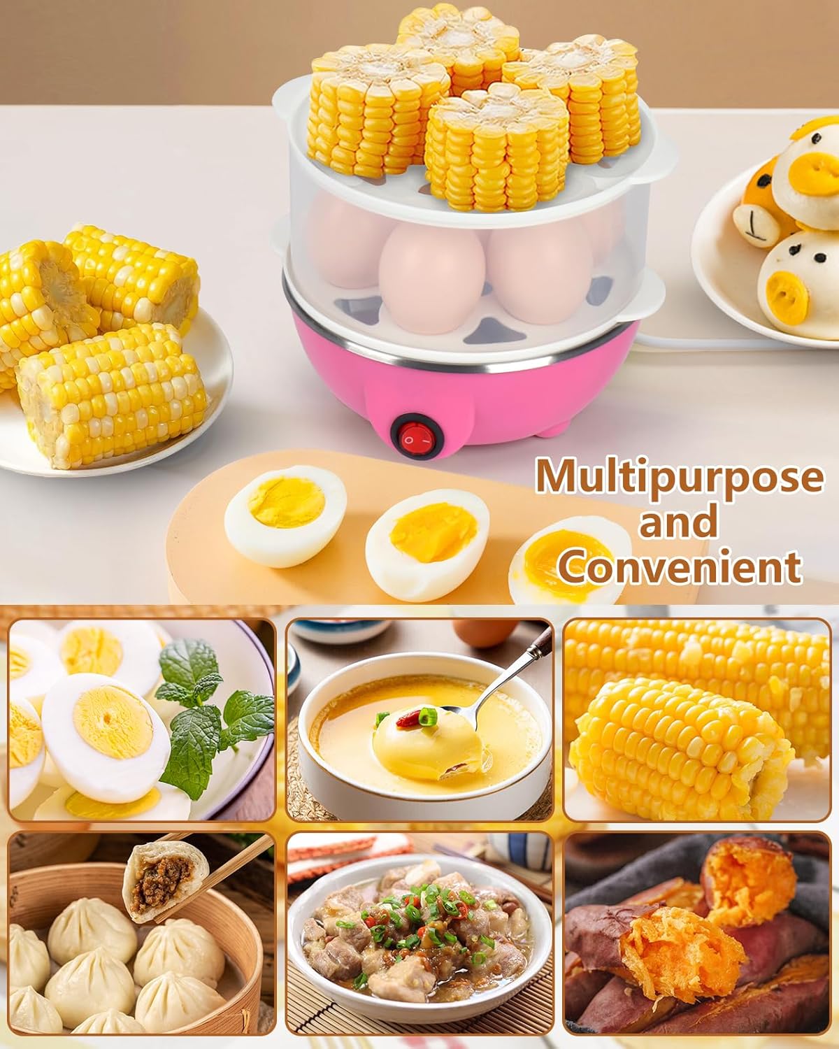 Electric Egg Cooker Steamer with Timer Auto Shut-Off 14 Egg Capacity 350W Double Layer Multifunctional for Milk Food Heating Pink