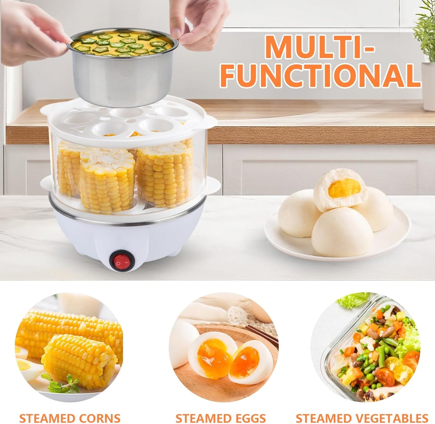 Electric Egg Cooker 14 Egg Capacity Double Layer with Timer Automatic Shut-Off 350W Multifunctional for Steaming Eggs Heating Milk Food Yellow