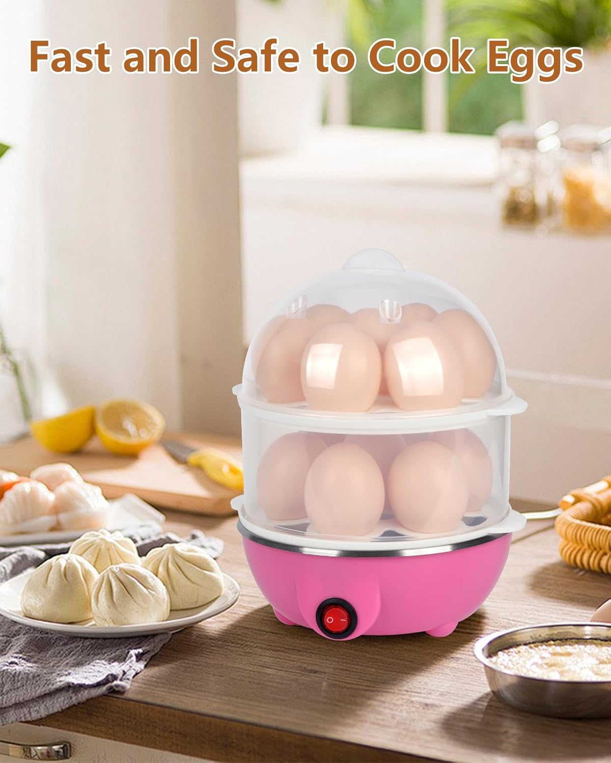 Electric Egg Cooker 14 Egg Capacity Double Layer with Auto Shut-Off Timer 350W Multifunctional for Steaming Eggs Heating Milk Food White