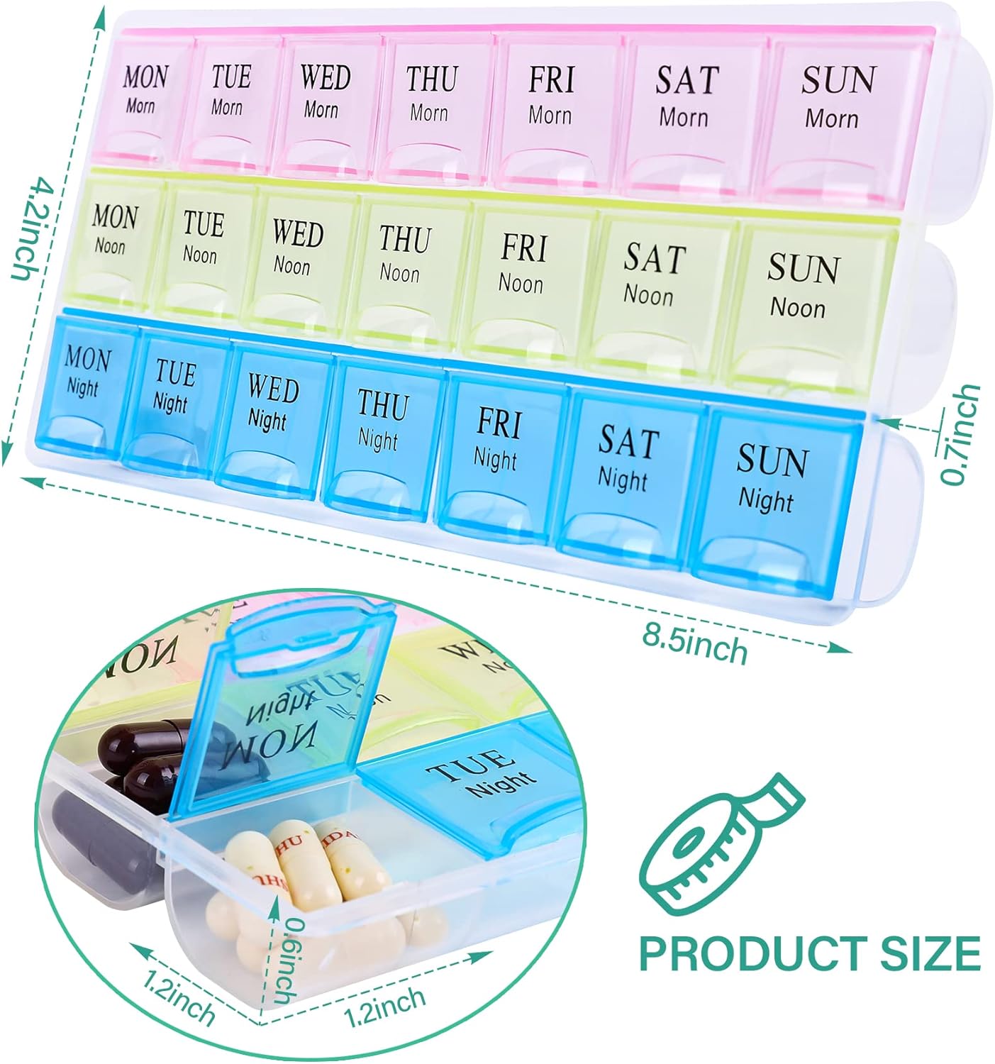 7 Day Pill Organizer 3 Compartments AM PM Evening 21 Slot Weekly Medication Storage Box