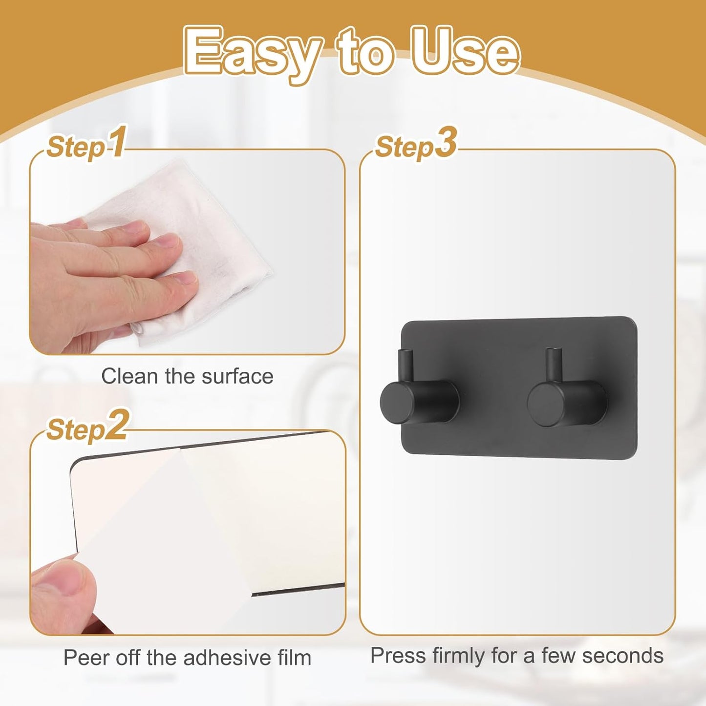 2 Pack Self-Adhesive Towel Hooks Stainless Steel 304 Rustproof Waterproof Silver Wall Mounted Bathroom Kitchen Accessories