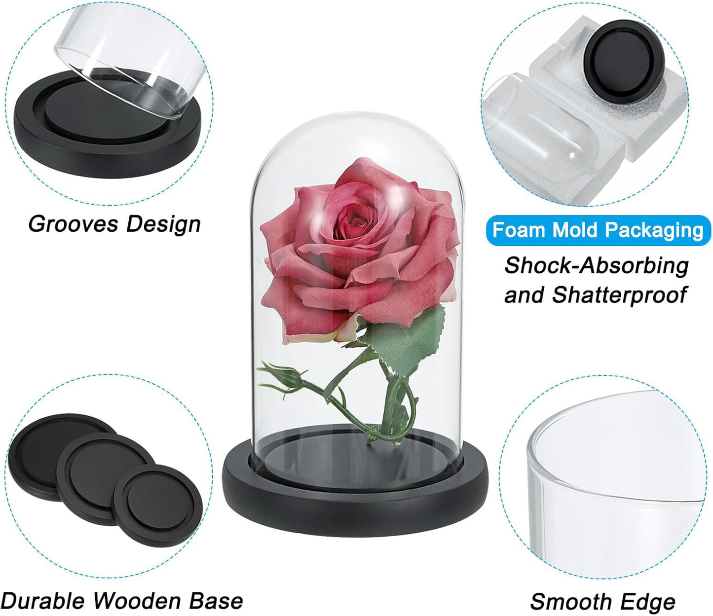 Glass Dome with Black Wooden Base - Clock Shaped Display Case - Home Decor - Desk Ornament - Christmas Decoration for Indoor Use