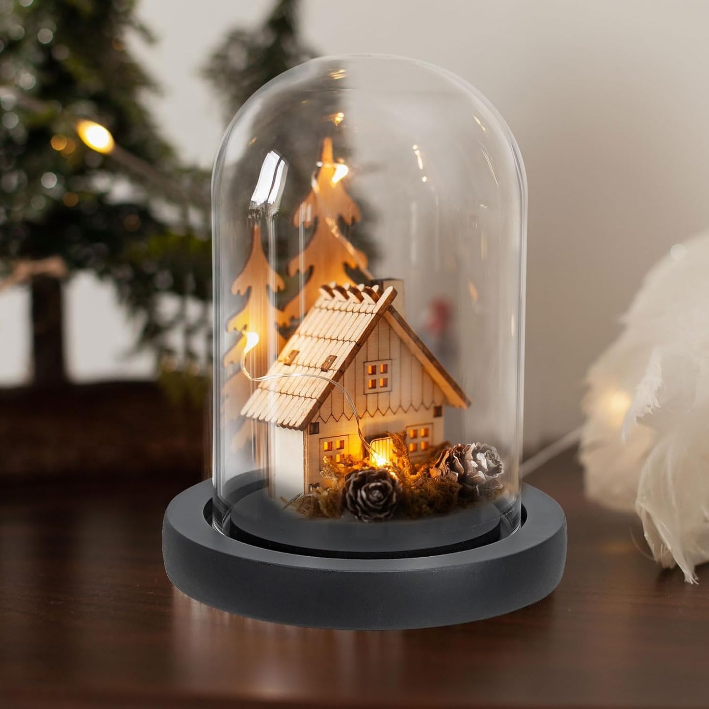 Glass Dome with Black Wooden Base - Clock Shaped Display Case - Home Decor - Desk Ornament - Christmas Decoration for Indoor Use