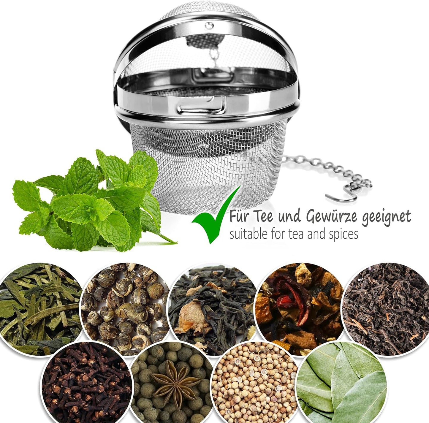 2 Pack Stainless Steel Tea Strainers with Chain 6.5cm Fine Mesh for Loose Tea Herbs Spices