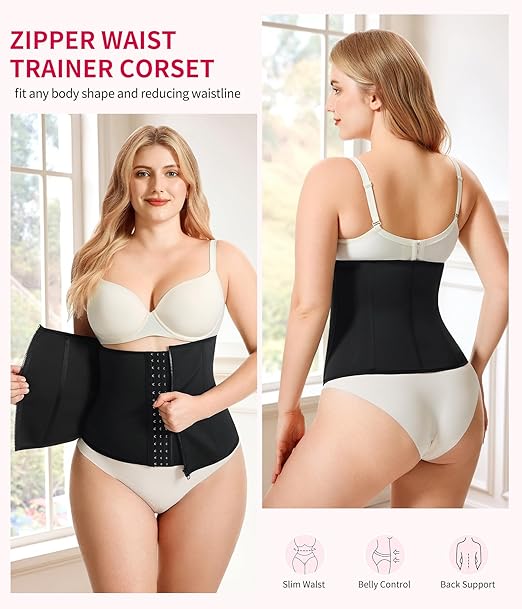 Women's Black Waist Trainer with Zipper Shapewear Tummy Control Body Shaper Sport Slimming Belt