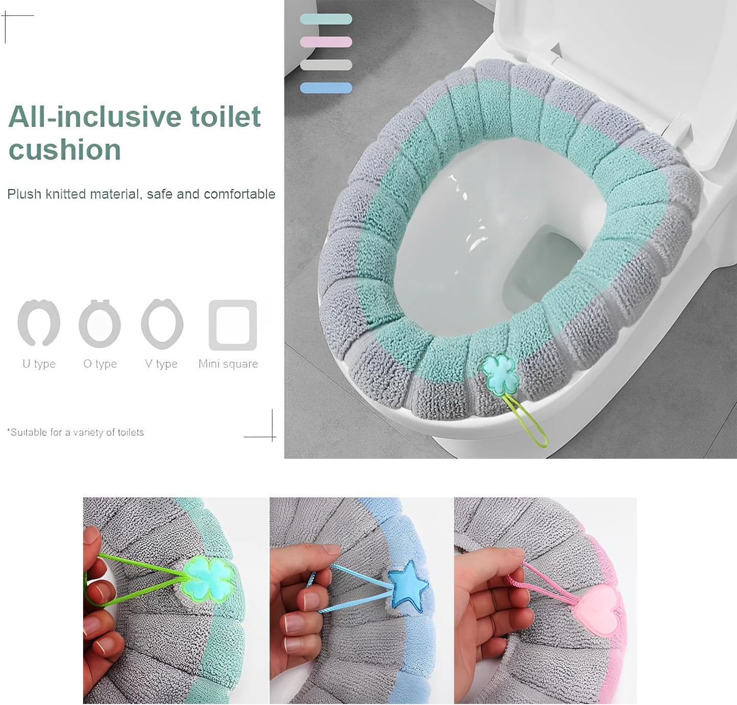 Toilet Seat Covers Set of 3 Universal with Handles Soft Comfortable for Bathroom Use