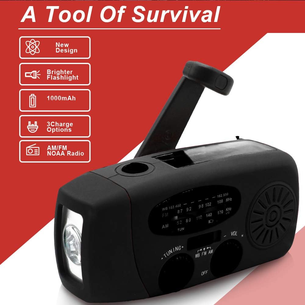Emergency Handheld Radio AM/FM with 2000mAh Battery LED Flashlight Lanyard for Home Outdoor Camping Travel Earthquakes Black