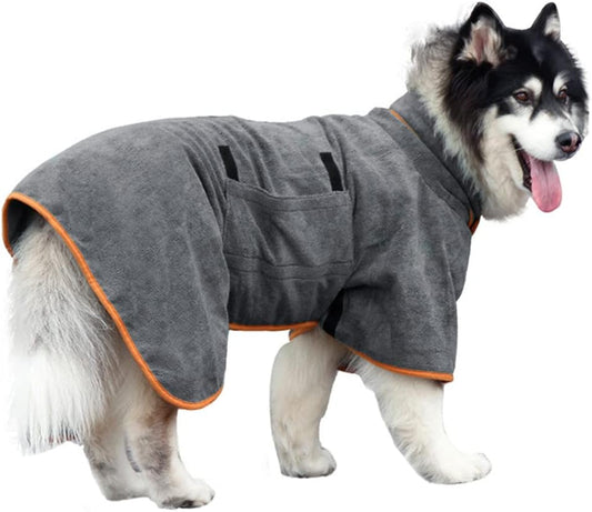 Dog Bathrobe S Size Grey with Orange Piping Adjustable Strap Absorbent Dog Towel for Dogs