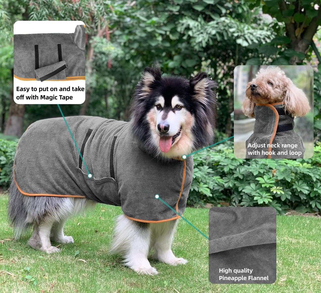 Dog Bathrobe S Size Grey with Orange Piping Adjustable Strap Absorbent Dog Towel for Dogs