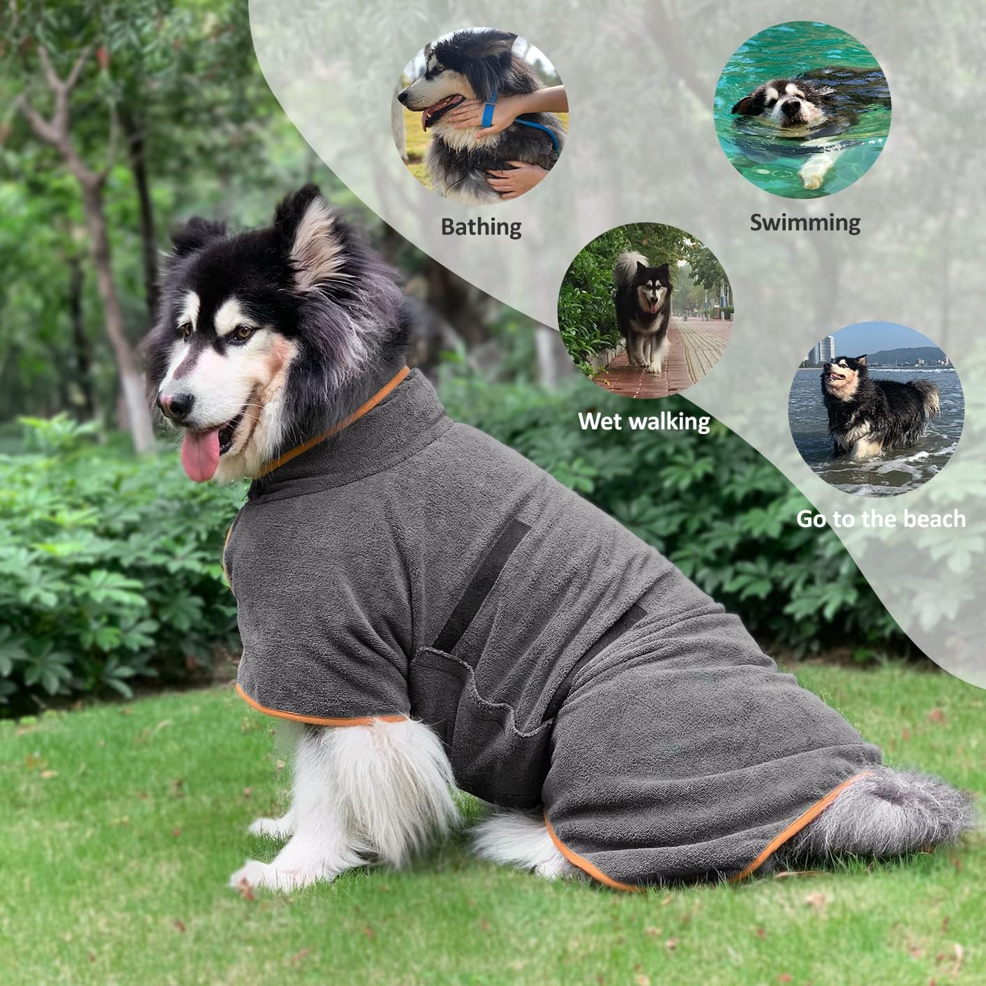 Dog Bathrobe S Size Grey with Orange Piping Adjustable Strap Absorbent Dog Towel for Dogs