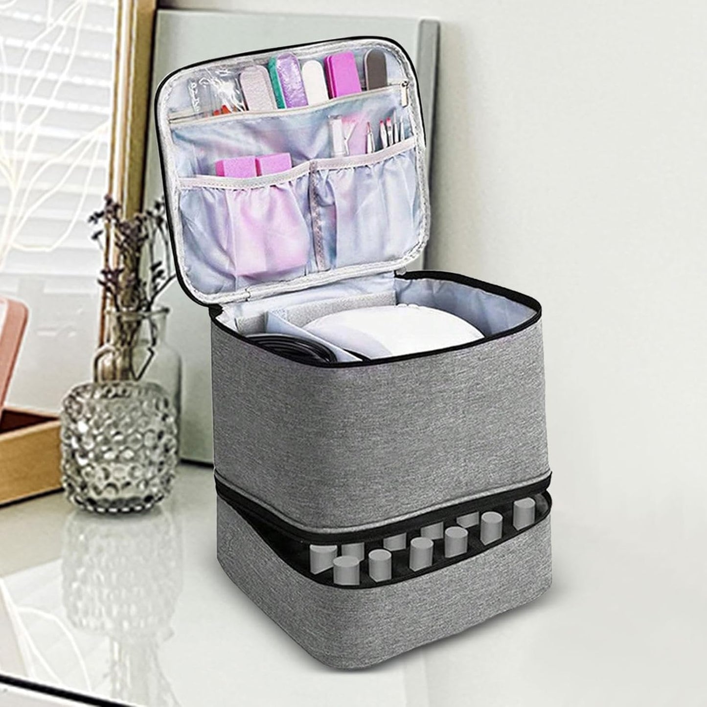 Large Capacity Grey Makeup Organizer Case - Cosmetic Storage Beauty Bag for Makeup Tools