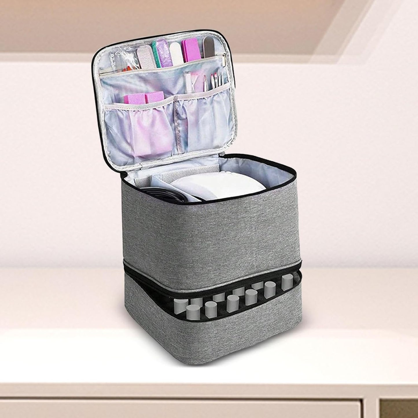 Large Capacity Grey Makeup Organizer Case - Cosmetic Storage Beauty Bag for Makeup Tools