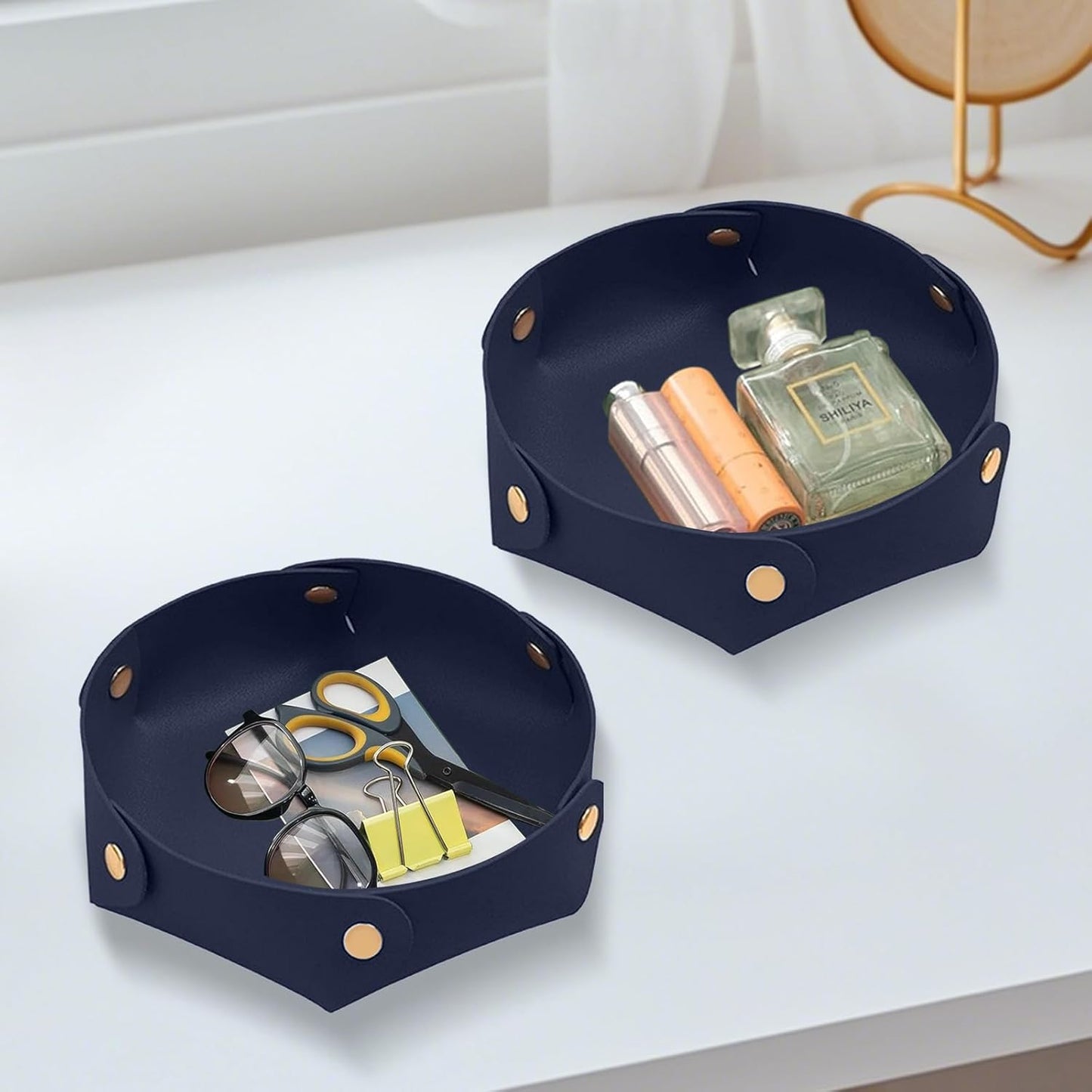 Portable Dark Blue PU Leather Entryway Table Nightstand Organizer for Phones Keys Wallets Watches Coins Travel Plate Sorter