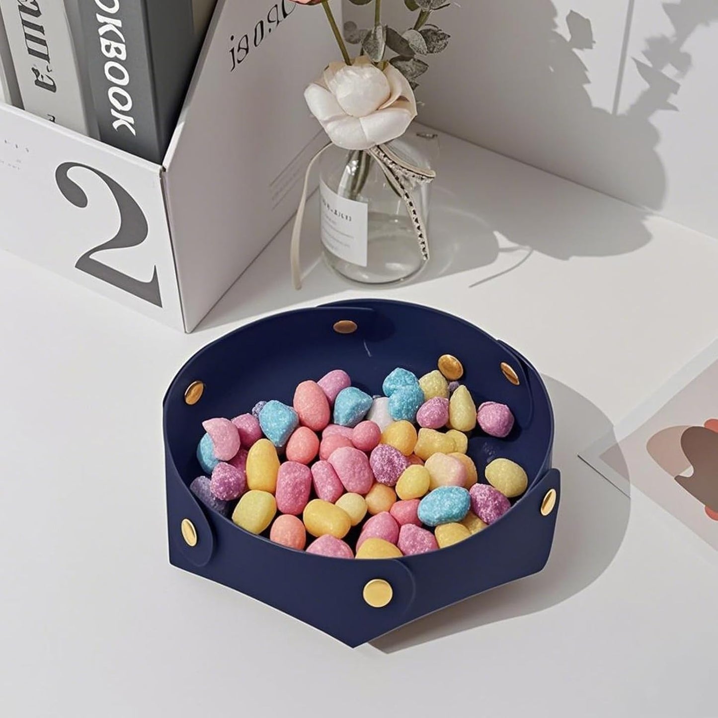 Portable Dark Blue PU Leather Entryway Table Nightstand Organizer for Phones Keys Wallets Watches Coins Travel Plate Sorter
