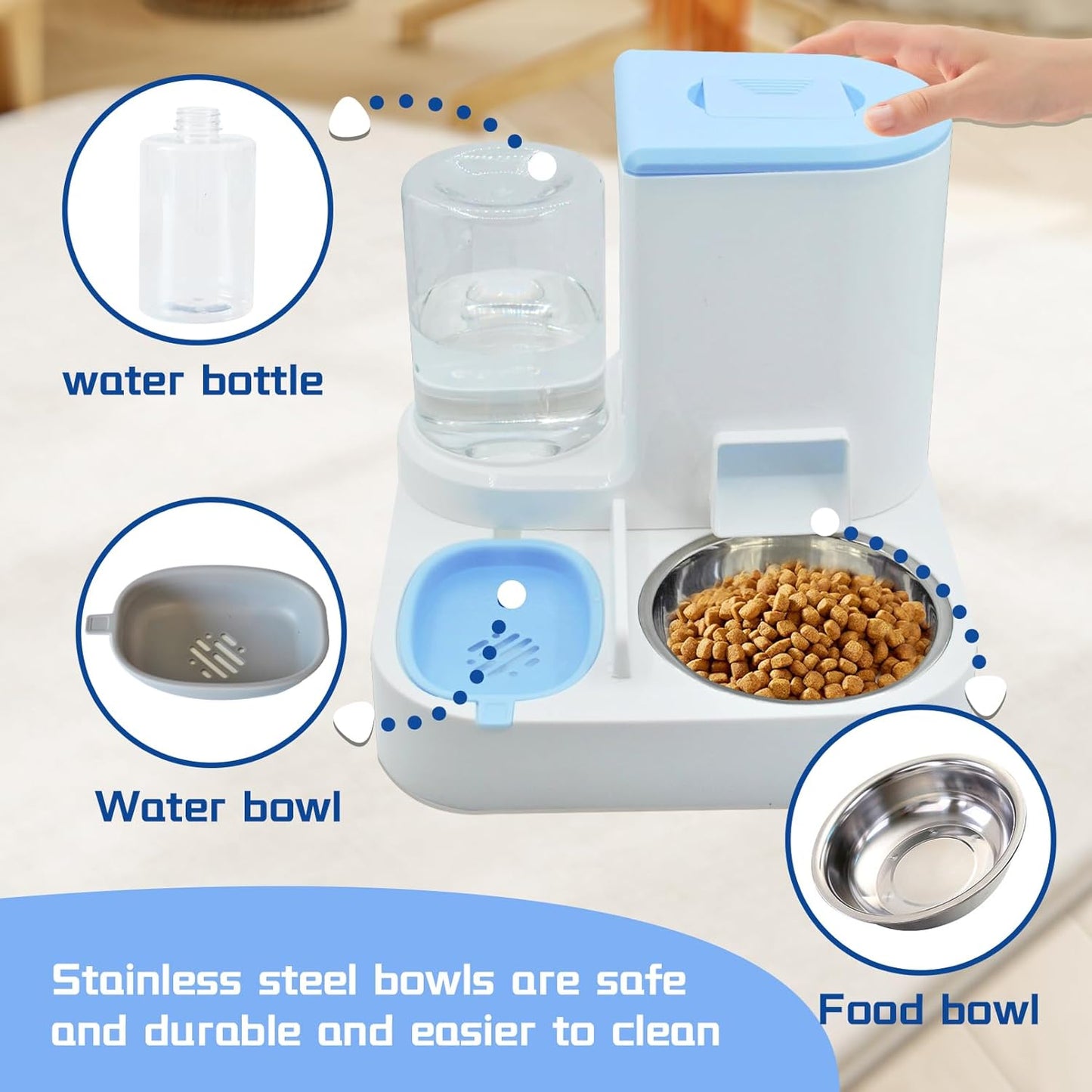 Automatic Pet Feeder and Water Bowl for Dogs and Cats - Blue