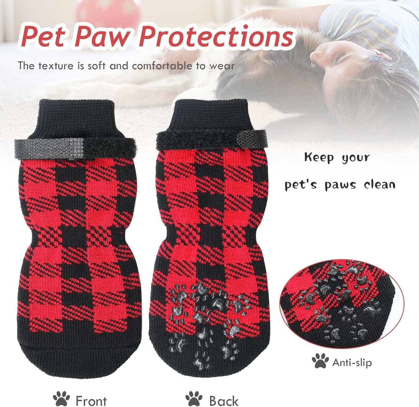 Dog Socks Size S Red Anti-Slip Pet Paw Protectors for Indoor Use