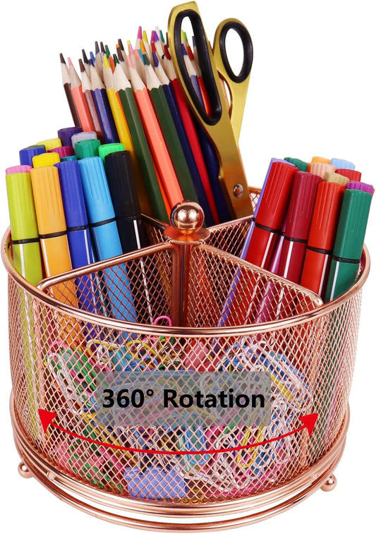 17x17x13cm Rose Gold Metal Mesh Desk Organizer Office Supplies Storage