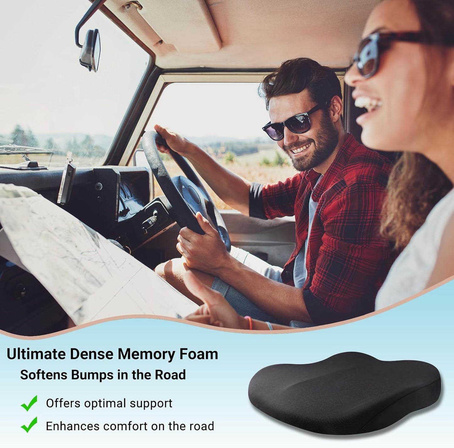 Memory Foam Car Seat Cushion 42x42x10cm Black - Comfortable Supportive Auto Seat Pillow for Enhanced Driving Experience
