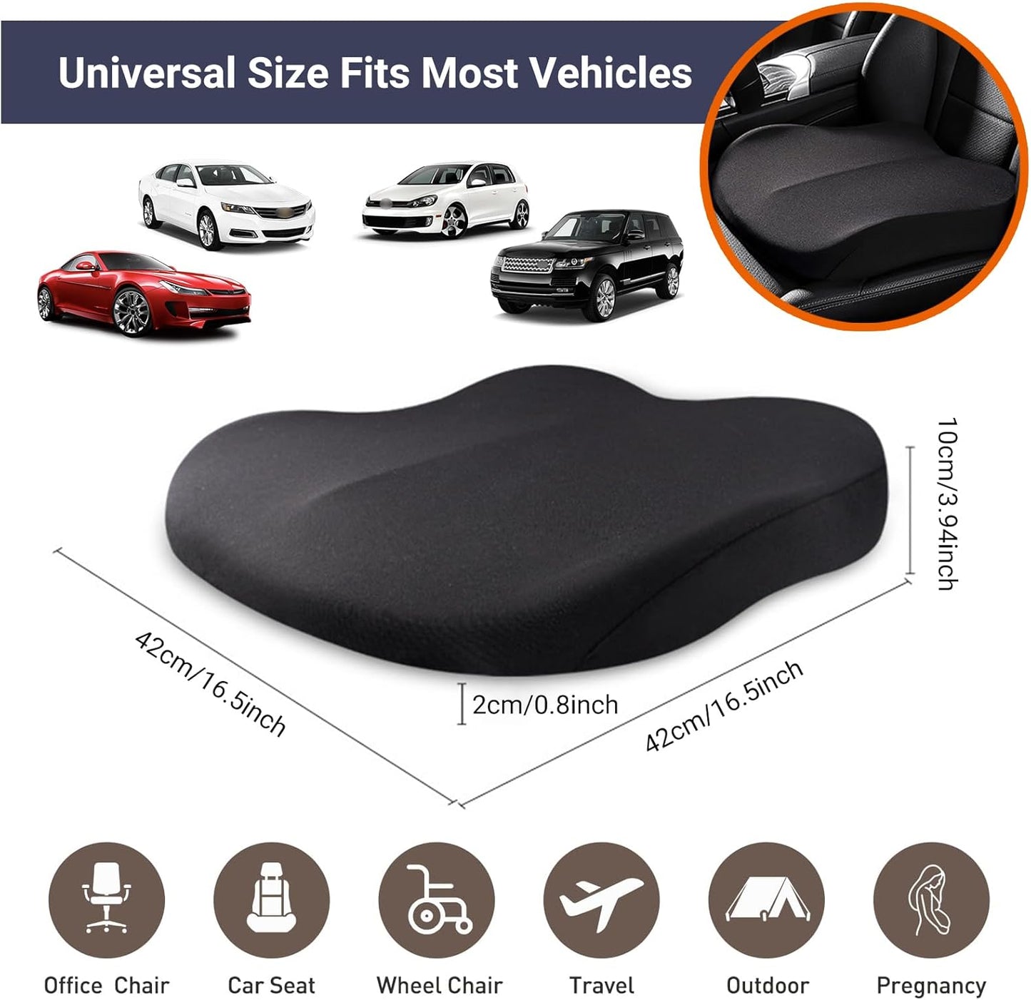 Car Seat Cushion Memory Foam 42x42x10cm Blue Comfort Support Pad for Vehicle Seats