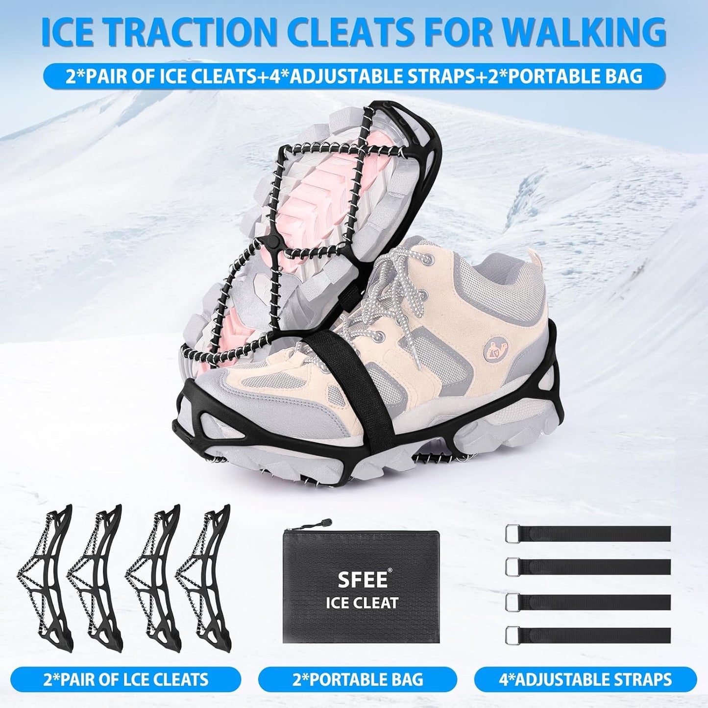 Anti-Slip Snow Shoes Covers Ice Grips Traction Cleats for Boots Shoes Size 38-43 2 Pairs