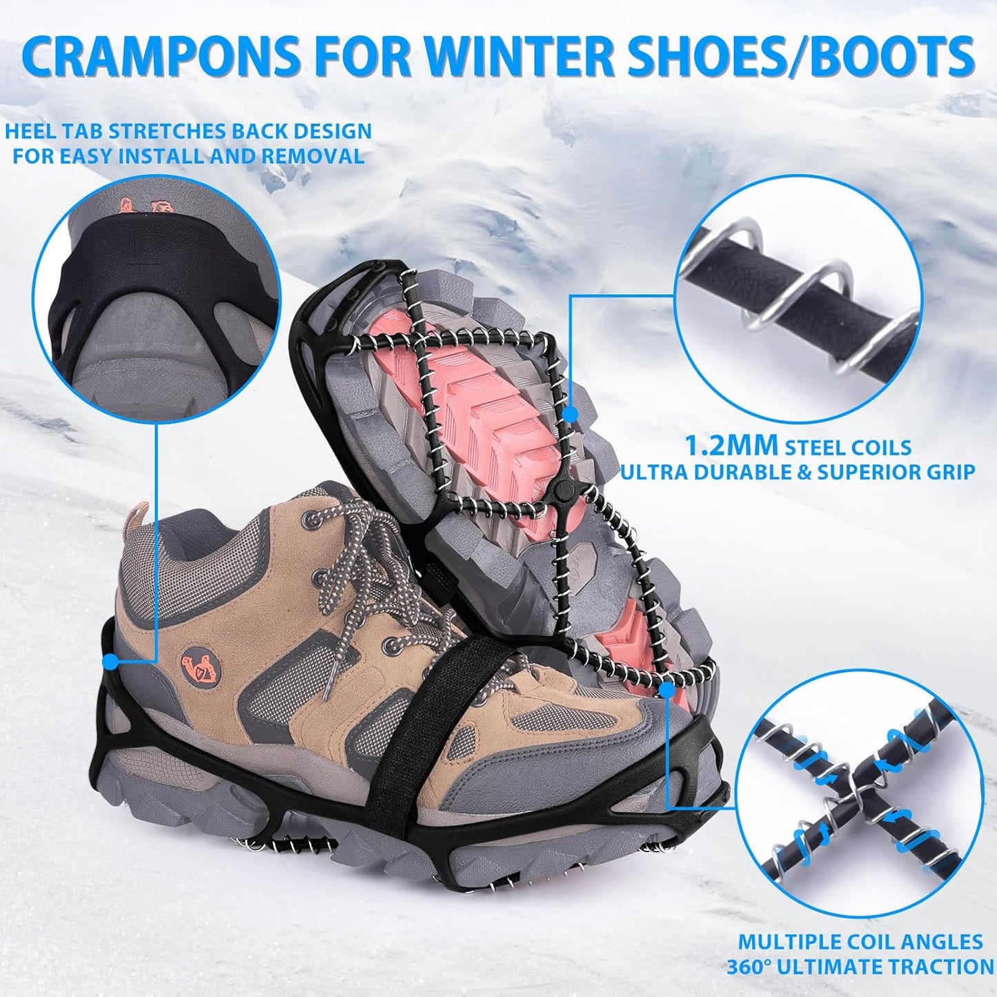 Anti-Slip Snow Shoes Covers Ice Grips Traction Cleats for Boots Shoes Size 38-43 2 Pairs