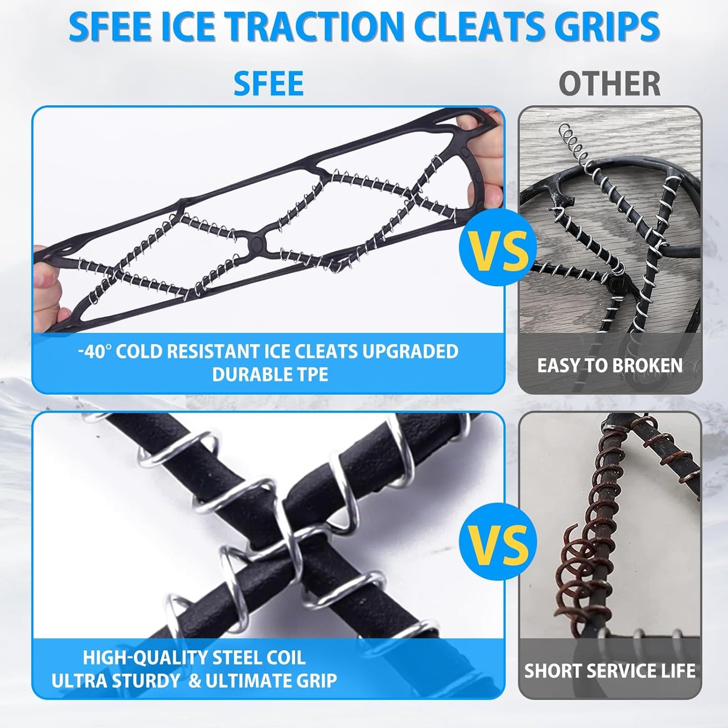 Anti-Slip Snow Shoes Covers Ice Grips Traction Cleats for Boots Shoes Size 38-43 2 Pairs