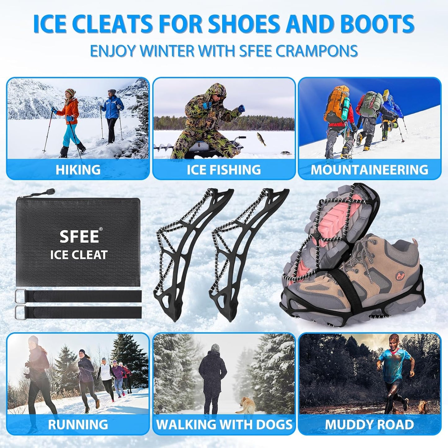 Anti-Slip Snow Shoes Covers Ice Grips Traction Cleats for Boots Shoes Size 38-43 2 Pairs