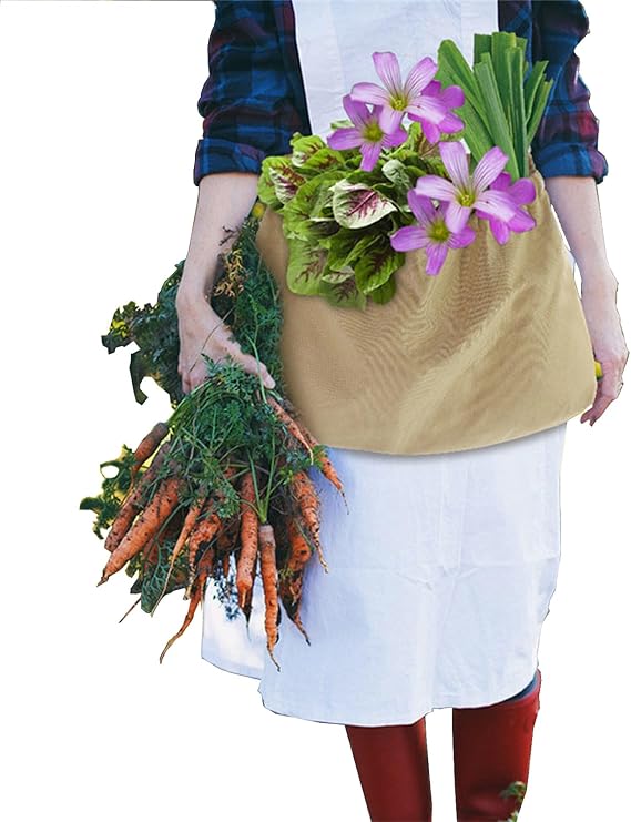 Adjustable Garden Apron with Pockets - Reusable Harvest Pouch for Fruit Picking - Portable Khaki Garden Tool Bag