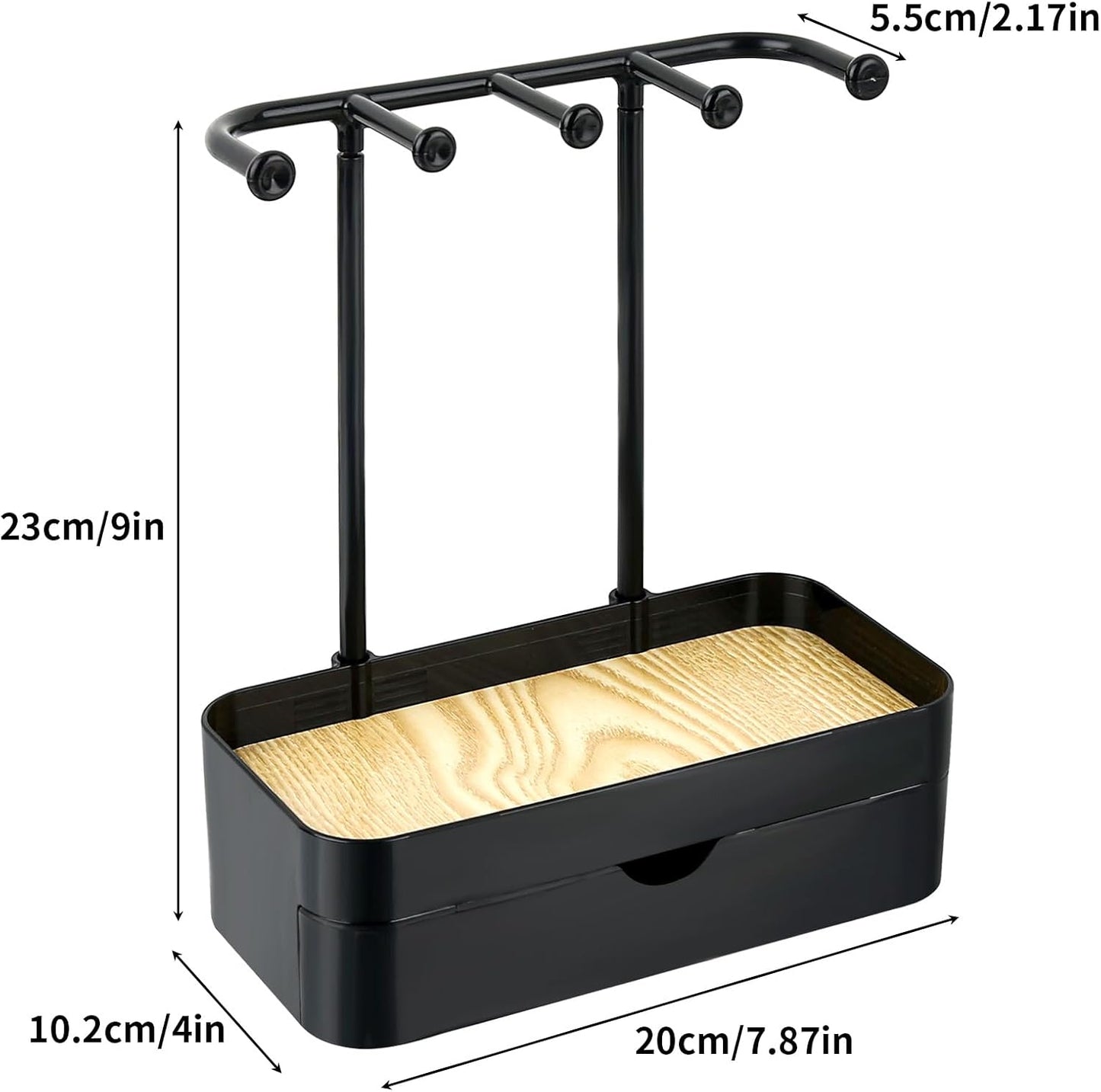 Industrial Jewelry Organizer with Wooden Tray - Necklace Holder & Storage for Women - Black - Gift Idea