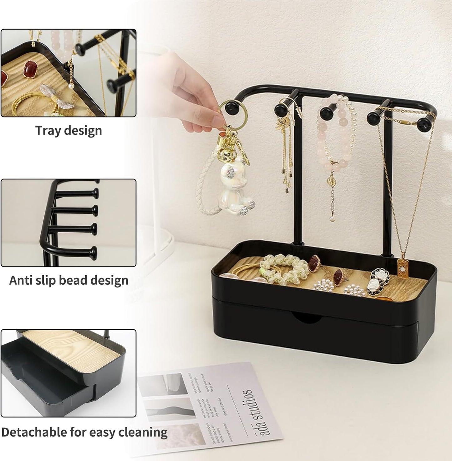 Industrial Jewelry Organizer with Wooden Tray - Necklace Holder & Storage for Women - Black - Gift Idea