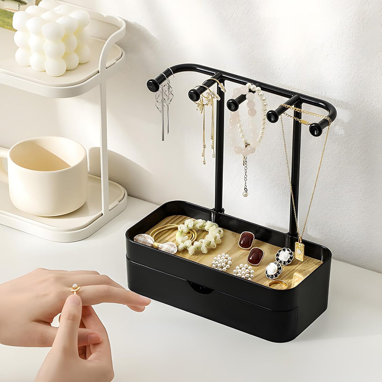 Industrial Jewelry Organizer with Wooden Tray - Necklace Holder & Storage for Women - Black - Gift Idea
