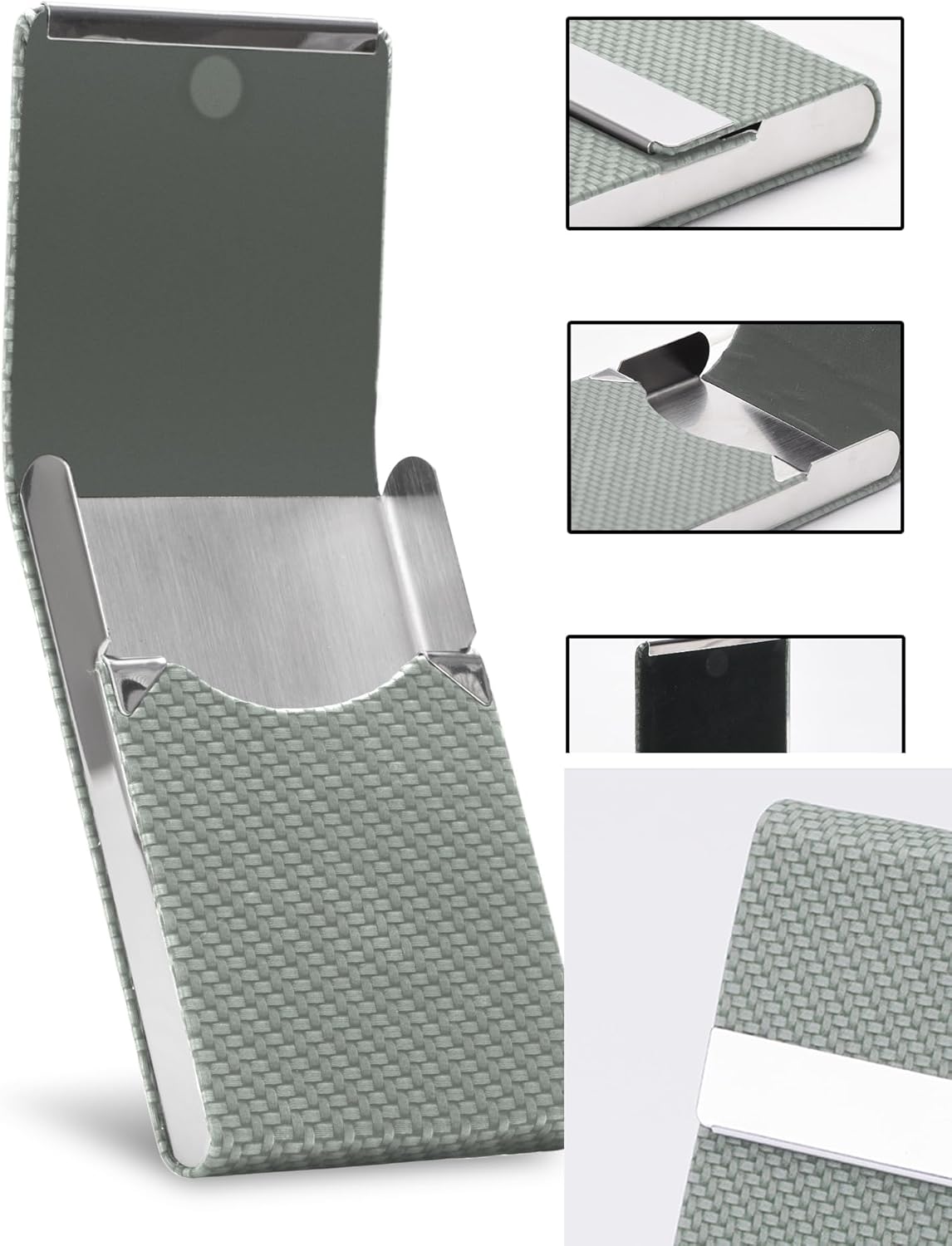 Men's Leather & Stainless Steel Magnetic Business Card Holder - Premium PU Leather & Metal Card Case - Forest Green