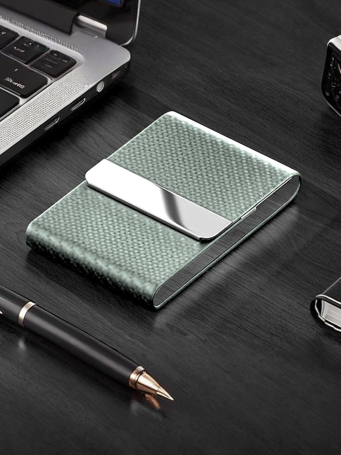 Men's Leather & Stainless Steel Magnetic Business Card Holder - Premium PU Leather & Metal Card Case - Forest Green