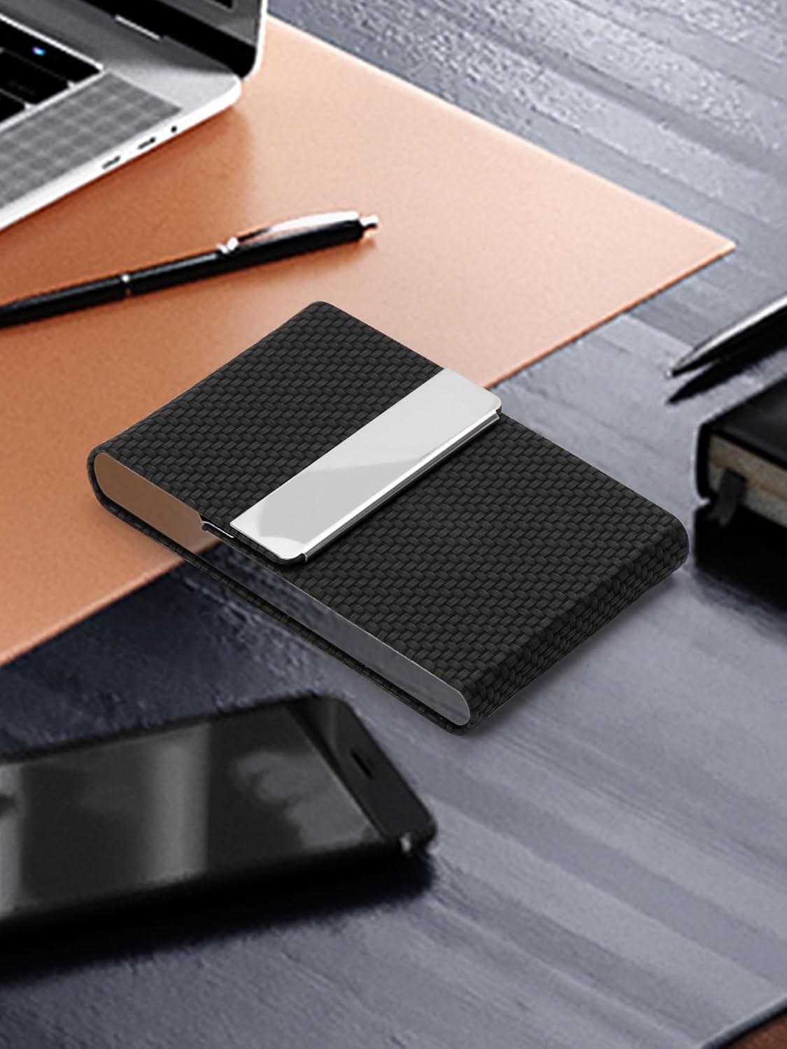 Men's PU Leather and Stainless Steel Magnetic Closure Credit Card Holder Luxury Business Card Case Black