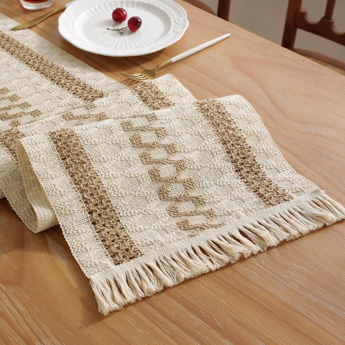Boho Style Cotton Linen Table Runner 30x180cm Brush Design Durable Brown