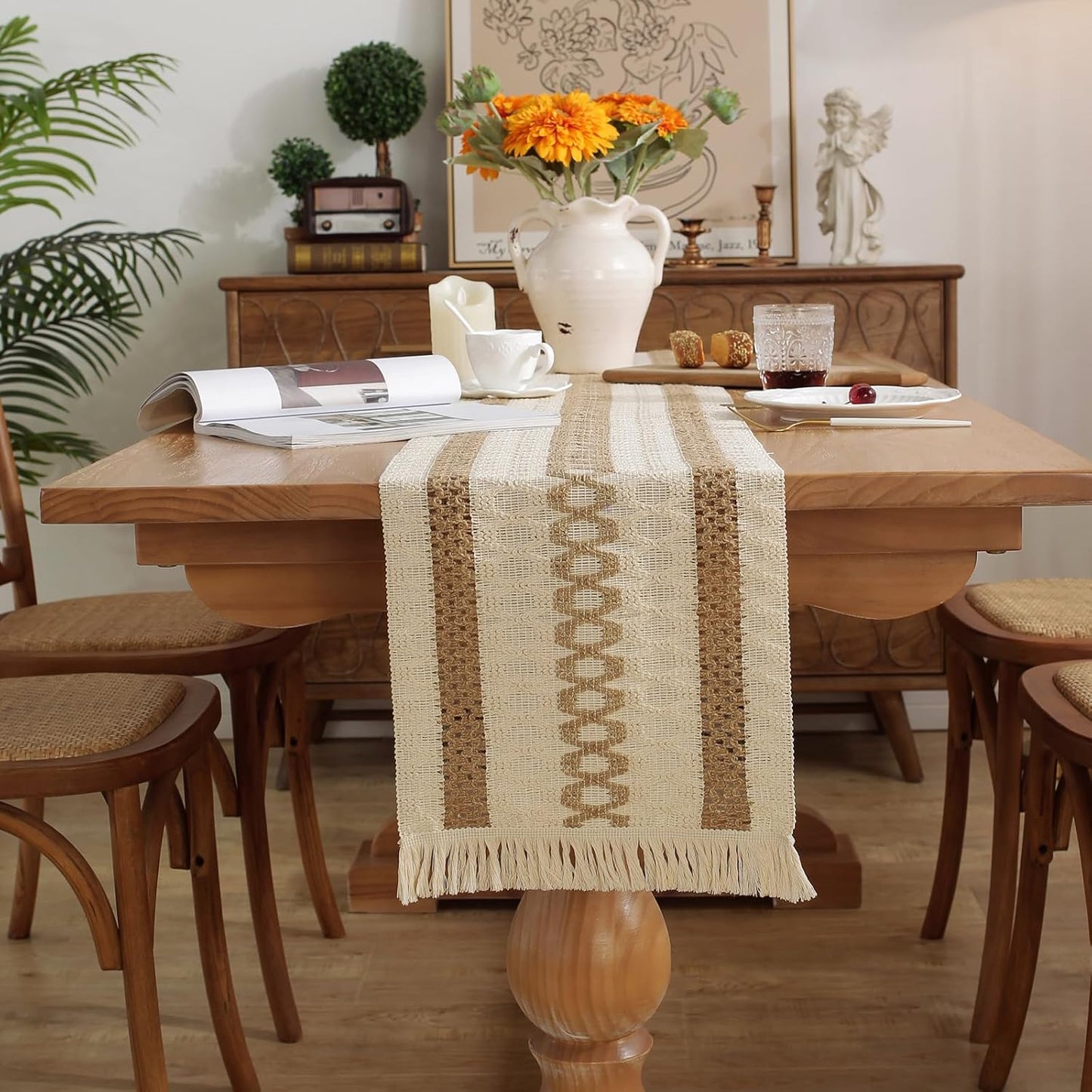 Boho Style Cotton Linen Table Runner 30x180cm Brush Design Durable Brown